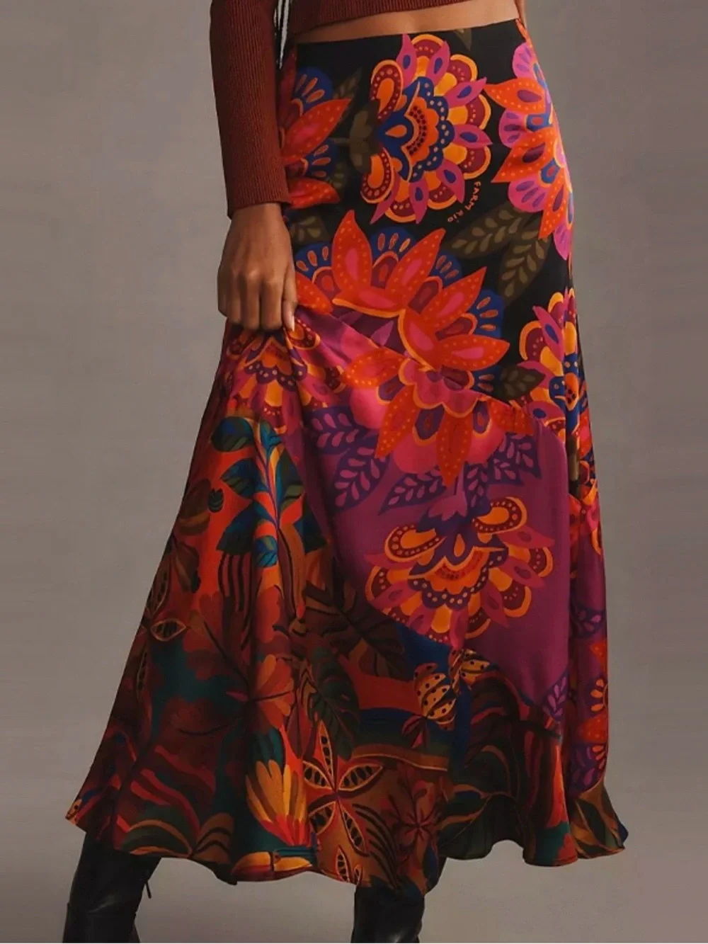 Farm Rio Anthropology Bold Floral Satin Maxi Skirt Size XS NWT